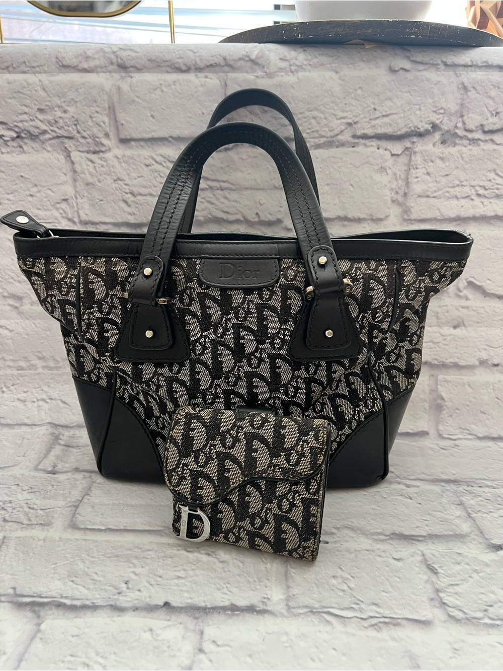 Dior Black and Gray Monogram Satchel with Matching Wallet